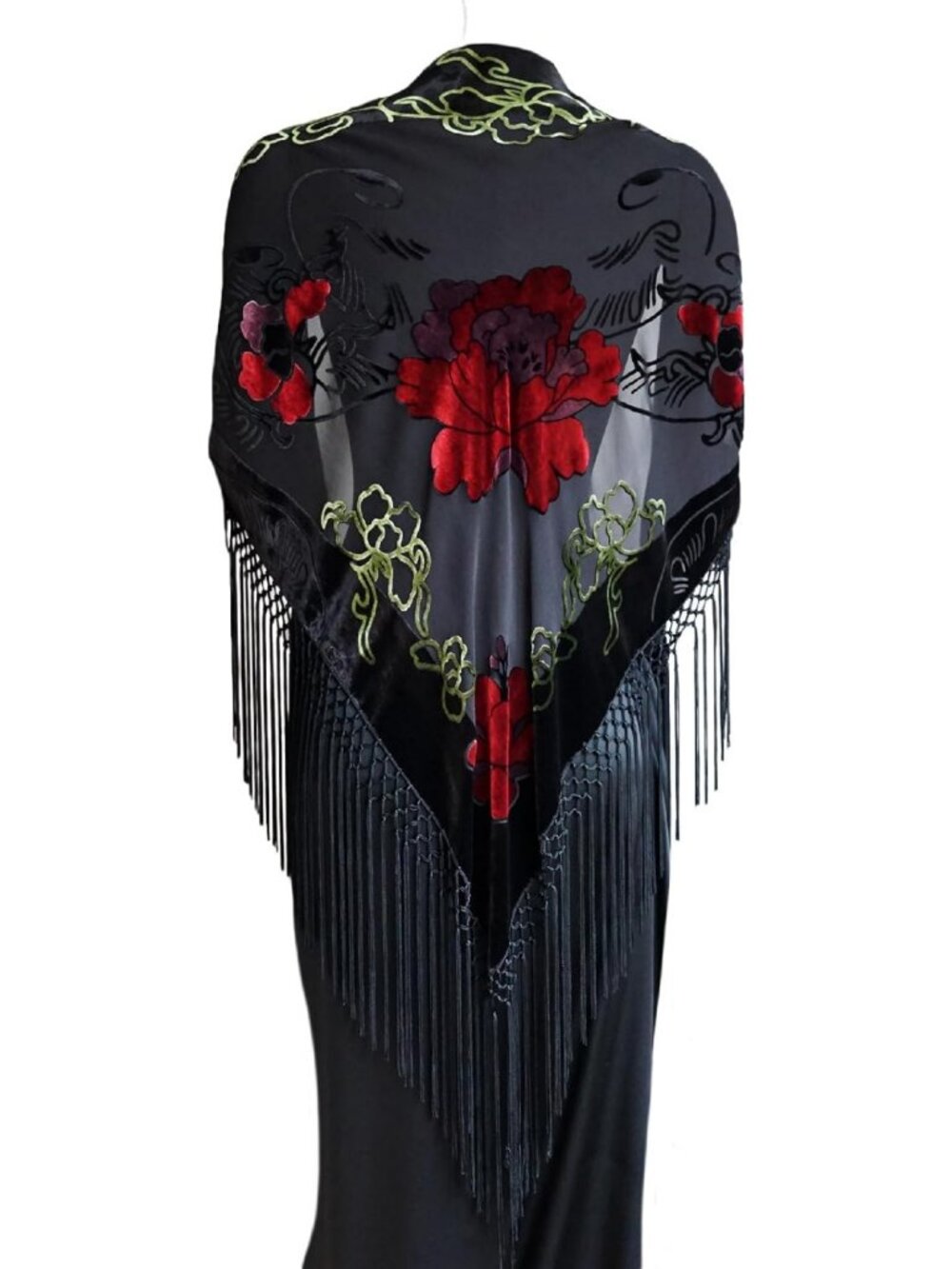 Floral Burnout Velvet Triangle Scarf with Tassels, Black & Red, Silk Blend